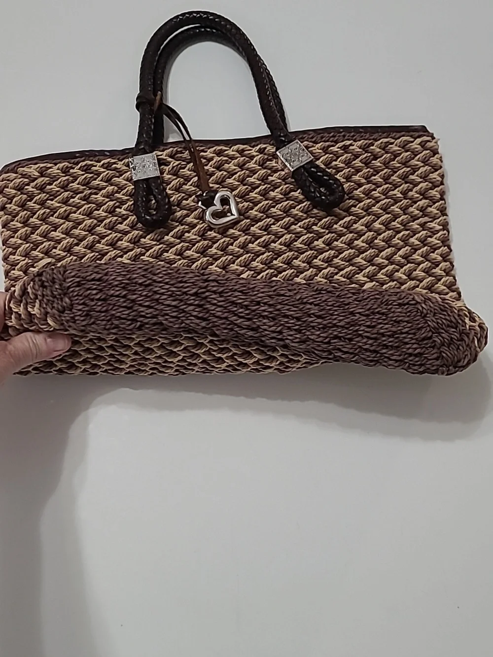 Brighton Tan Woven Tote, Dark Brown Trim, Silver Charm & Leather Braided Handles